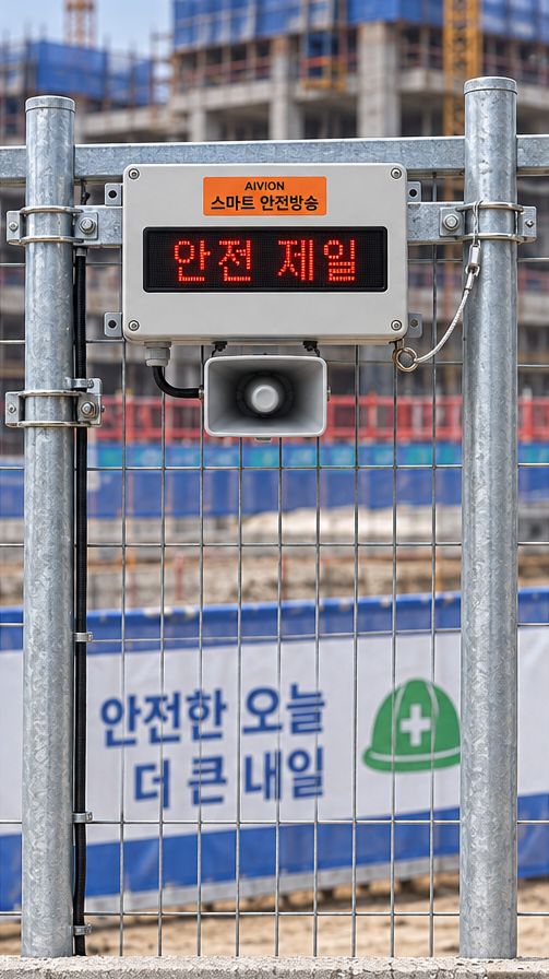 현장 펜스 기둥에 장비를 고정한 설치 예시